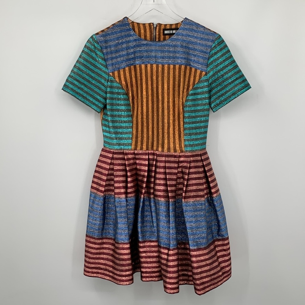 House of Holland Martini fit flare shift dress metallic stripe colorblock new 6